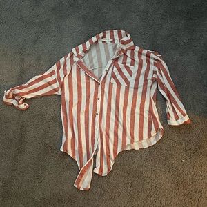 Orange Stripped Tie-able Short Sleeved Button Up